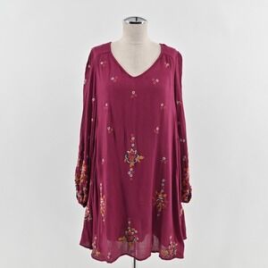 Free People Oxford Embroidered Swing Mini Dress Sz S Maroon Bohemian Long Sleeve